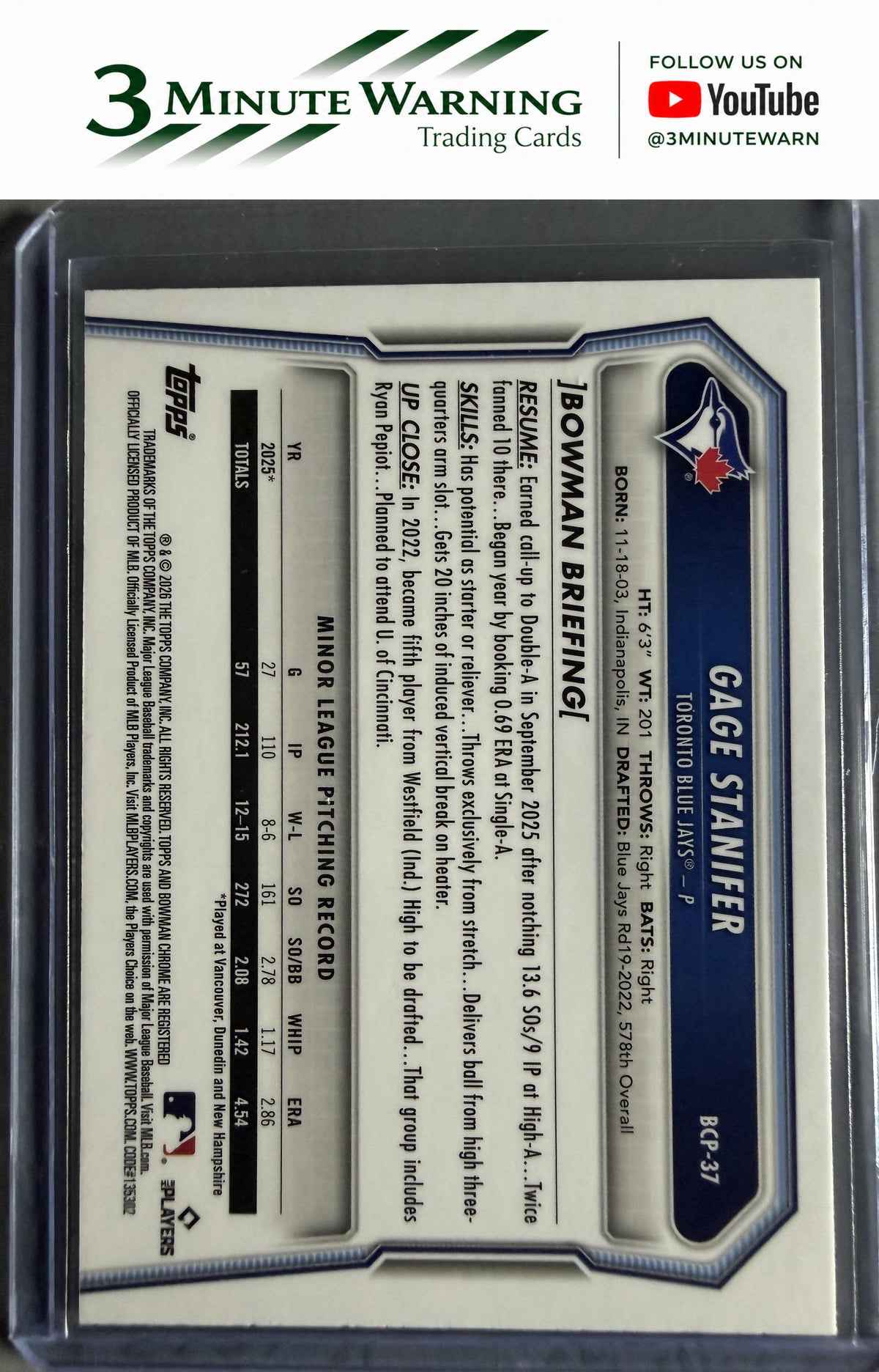 2026 Bowman #BCP-37 Gage Stanifer Chrome Prospects