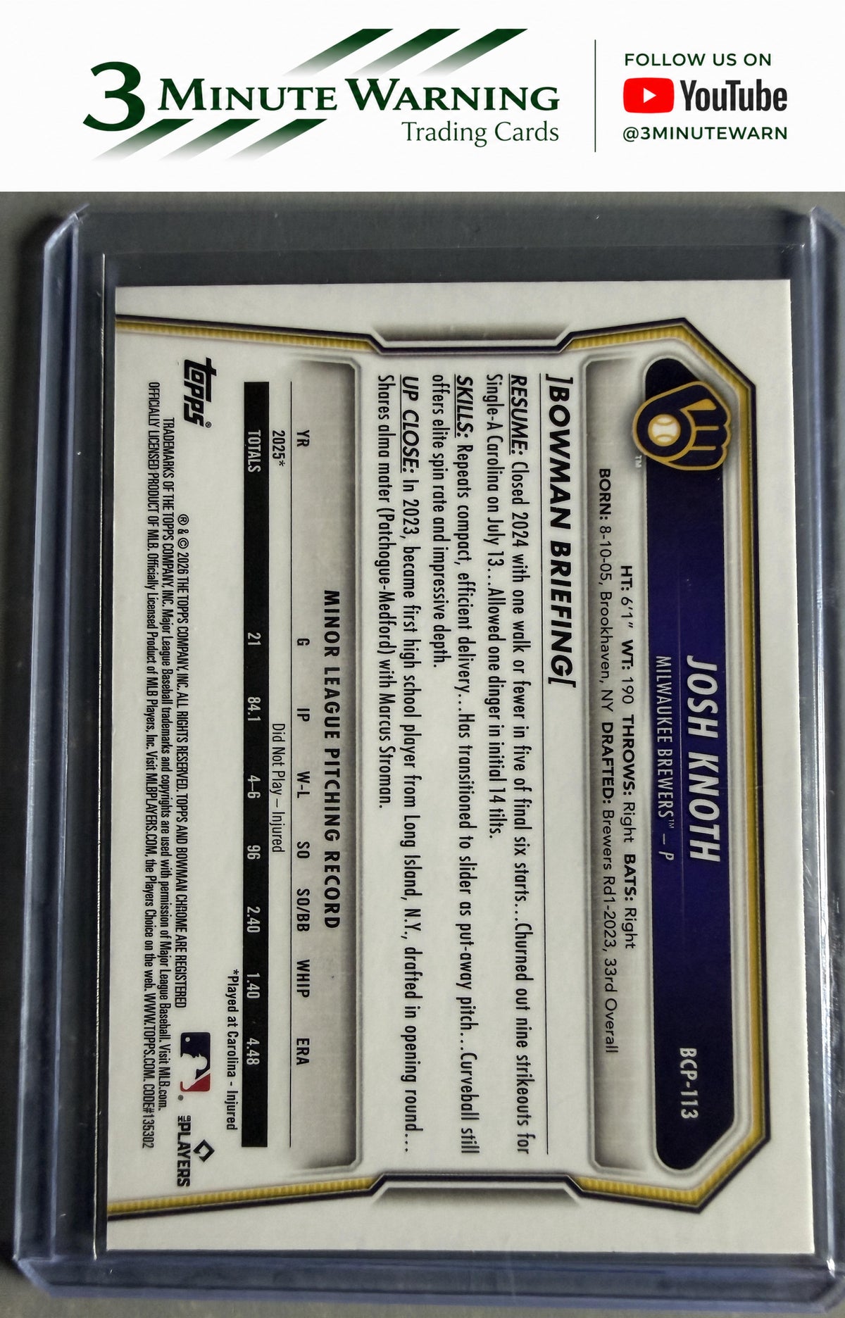 2026 Bowman #BCP-113 Josh Knoth Chrome Prospects