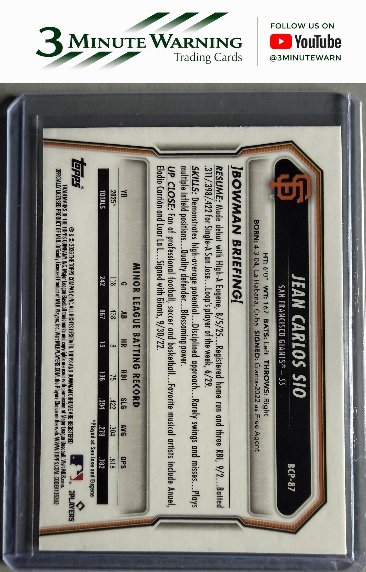 2026 Bowman #BCP-87 Jean Carlos Sio Chrome Prospects