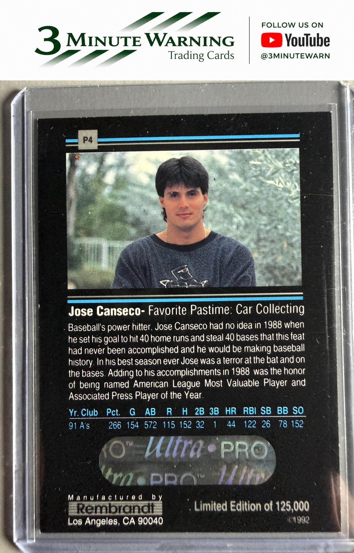 1992 Rembrandt Ultra-Pro Promos #P4 Jose Canseco