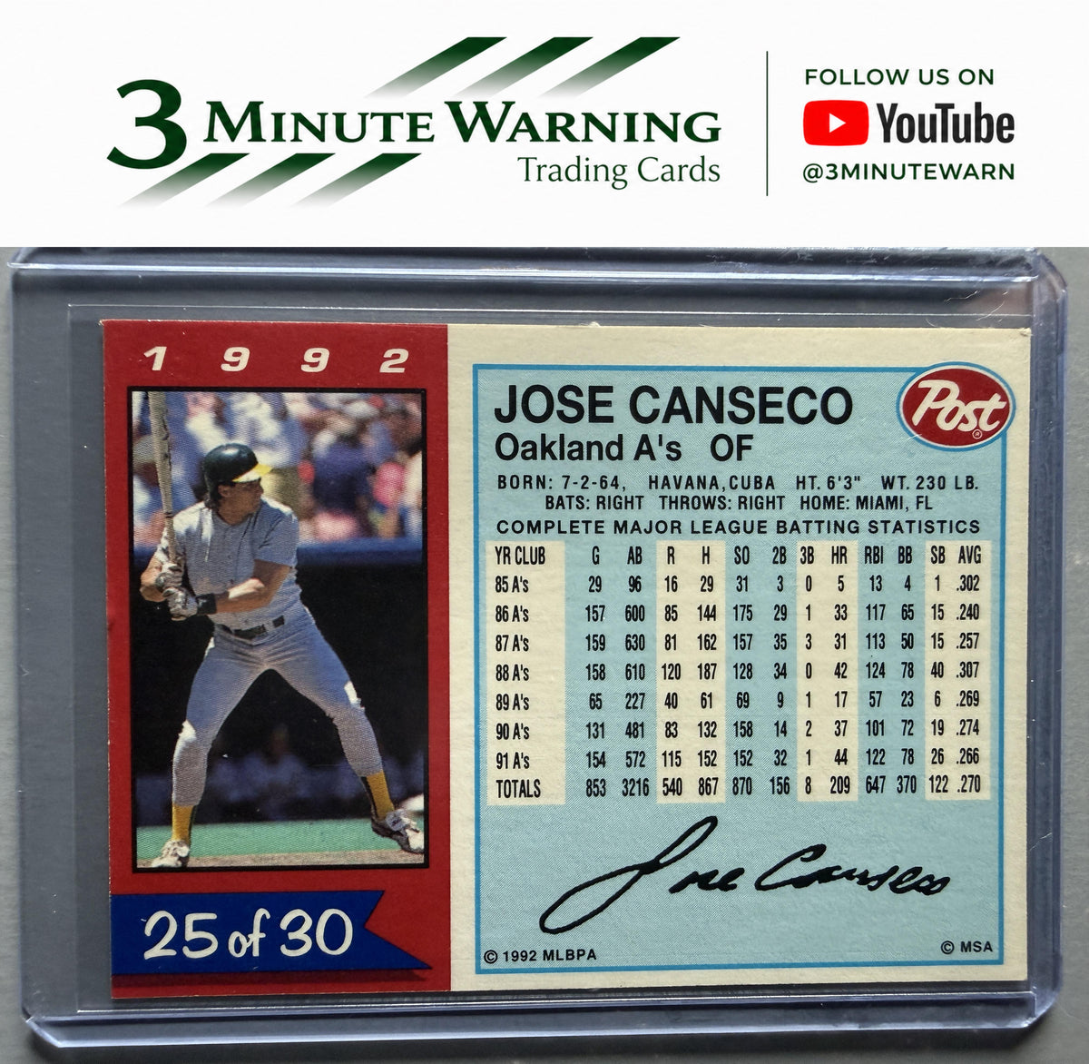 1992 Post Cereal #25 Jose Canseco