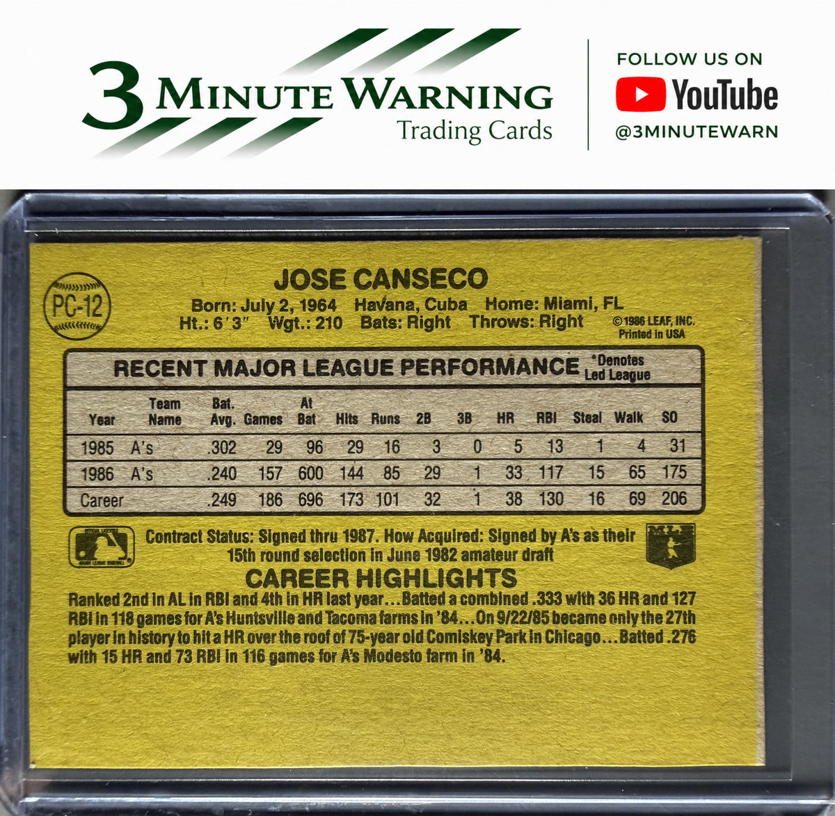 1987 Donruss #PC-12 Jose Canseco Wax Box Bottom Panel Singles