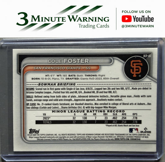 2024 Bowman #BCP-83 Cole Foster Chrome Prospects