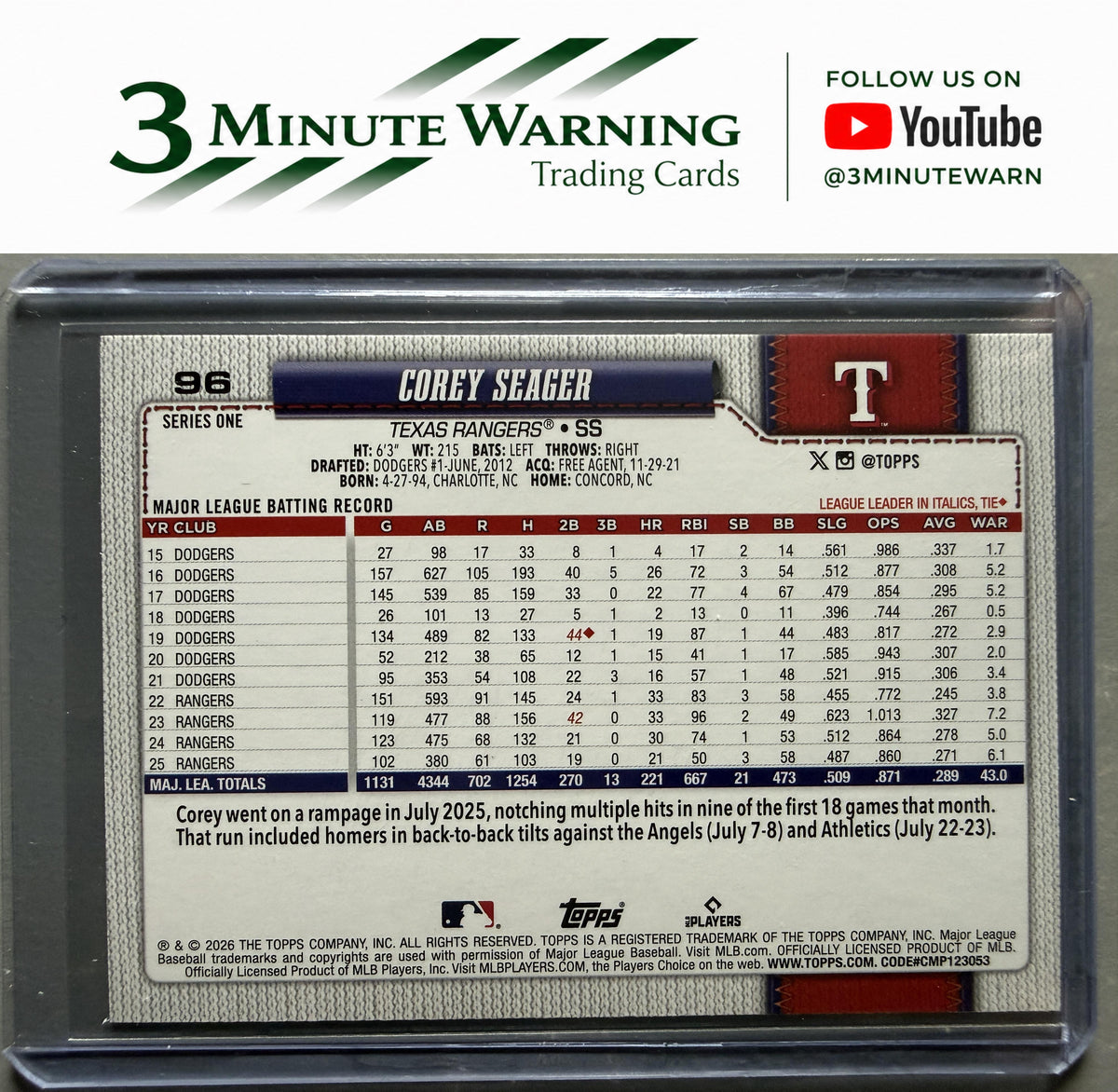 2026 Topps #96 Corey Seager Confetti