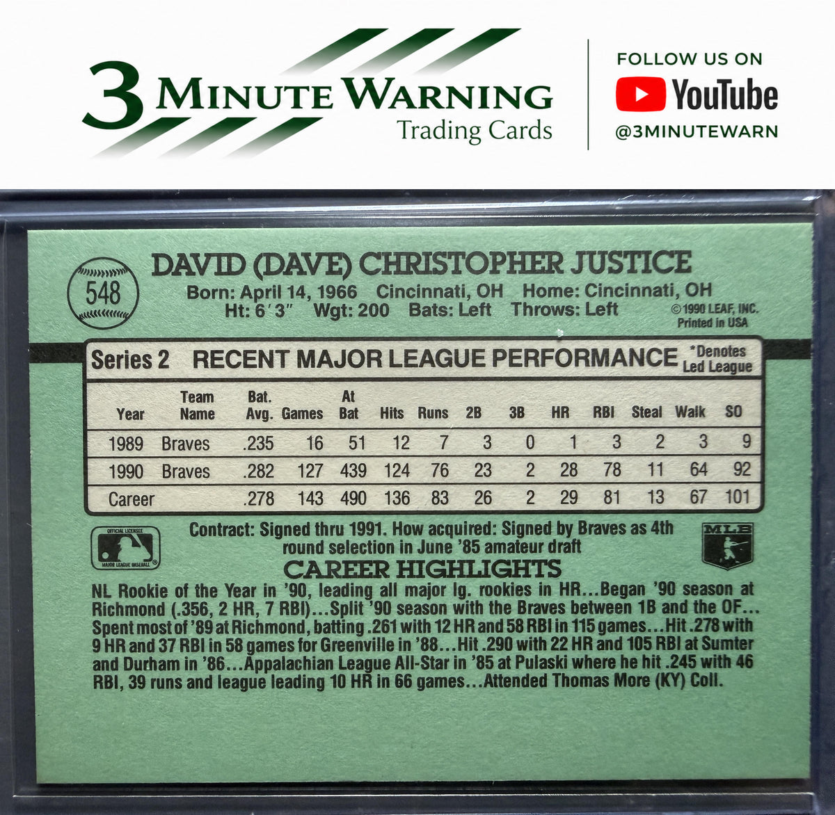1991 Donruss #548b Dave Justice