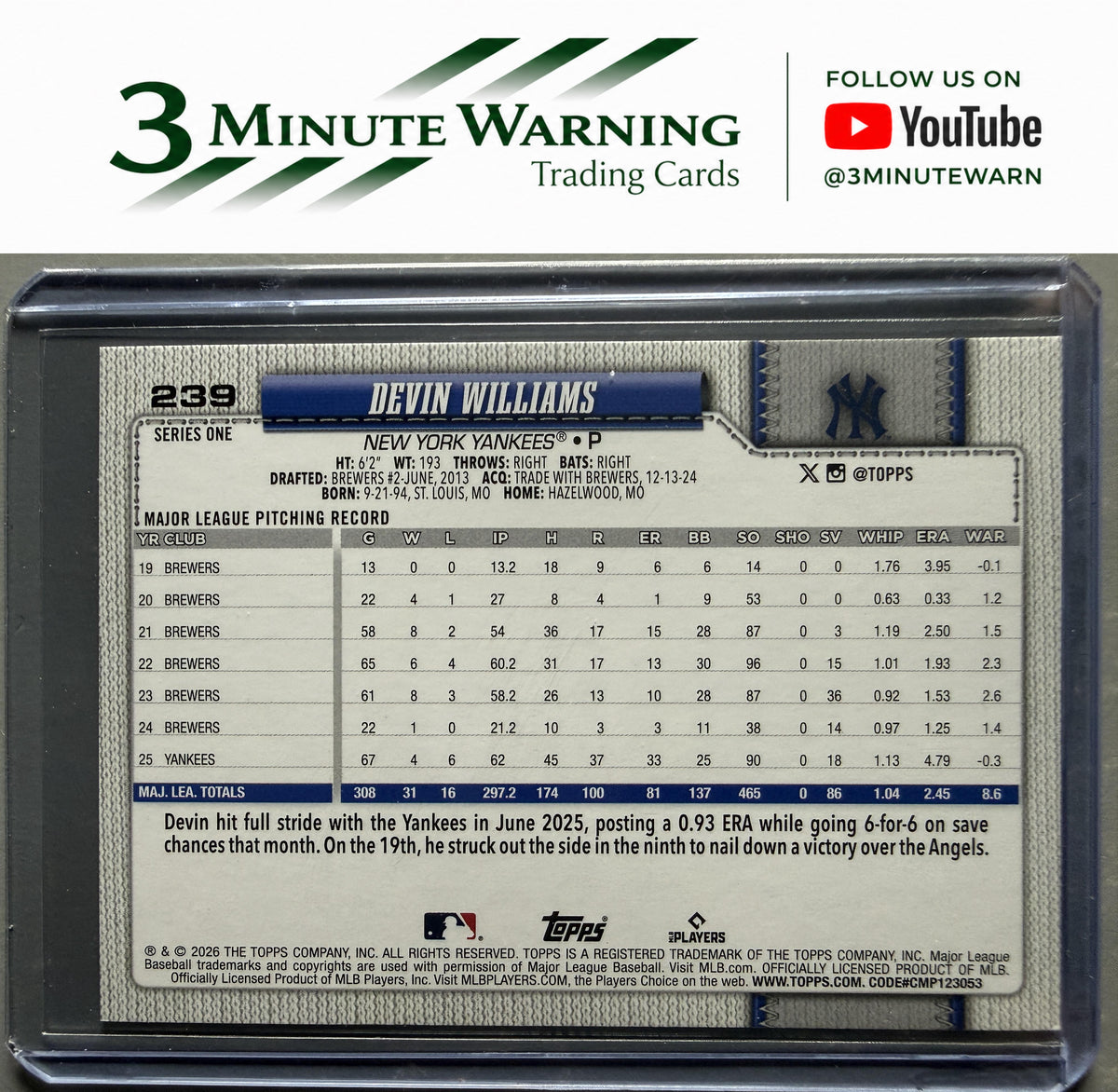 2026 Topps #239 Devin Williams Rainbow Foil