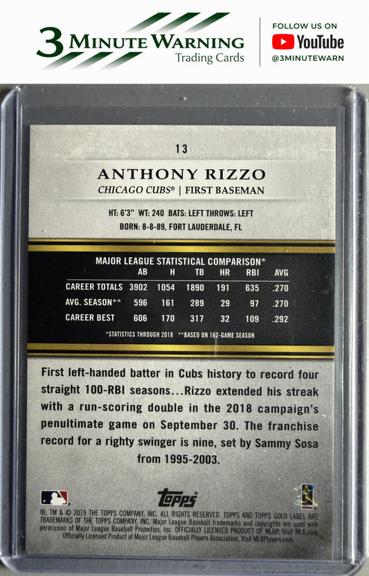 2019 Topps Gold Label #13 Anthony Rizzo Class 1 Blue #/150
