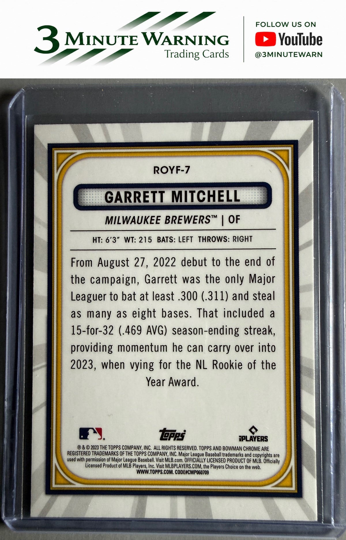 2023 Bowman #ROYF-7 Garrett Mitchell Rookie of the Year Favorites