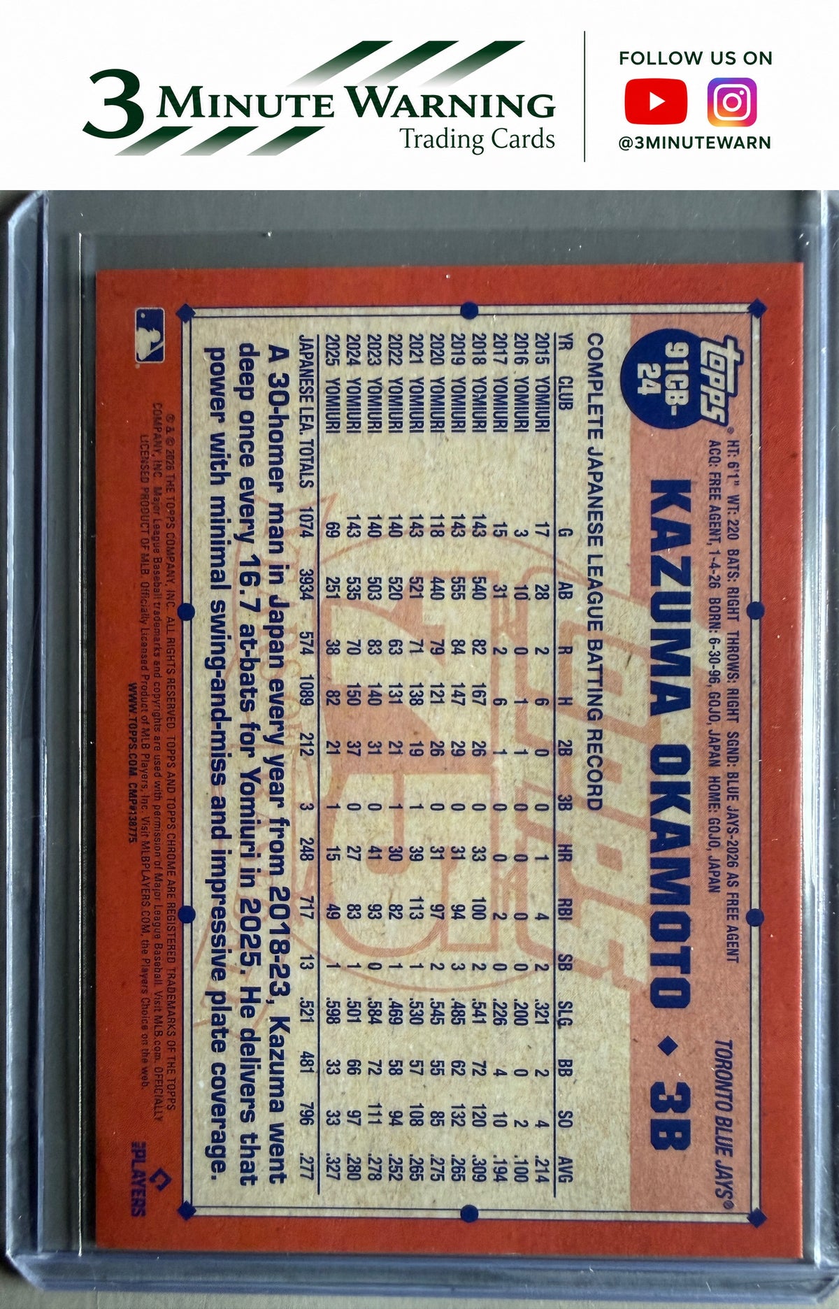 2026 Topps Chrome #91CB-24 Kazuma Okamoto 1991 Topps Baseball 35th Anniversary