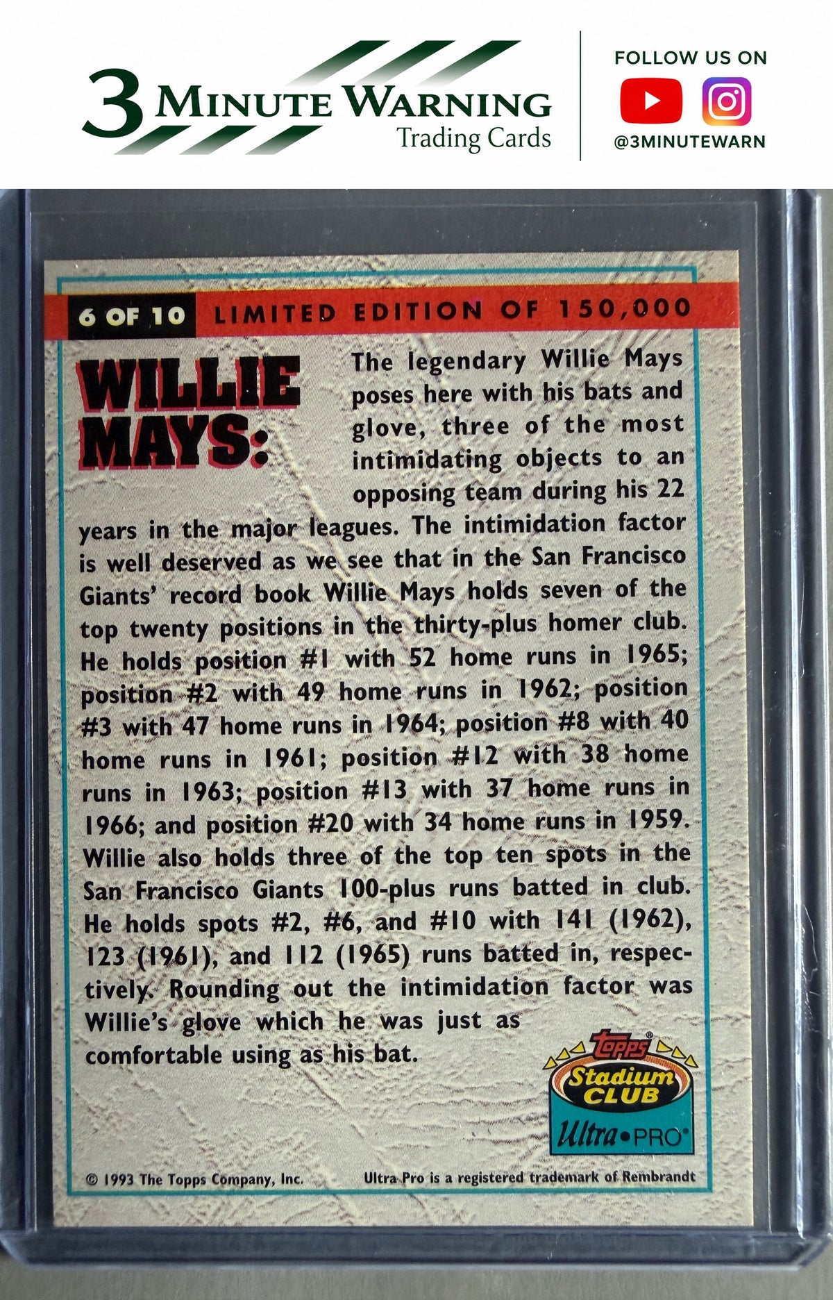 1993 Stadium Club Ultra-Pro #6 Willie Mays