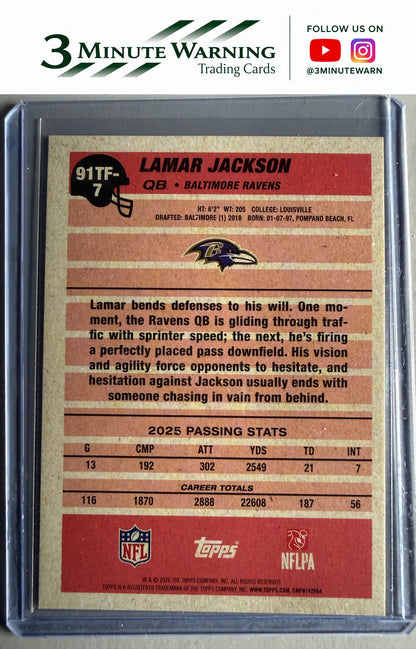 2026 Topps Flagship #91TF-7 Lamar Jackson 1991 Topps Football Crackle