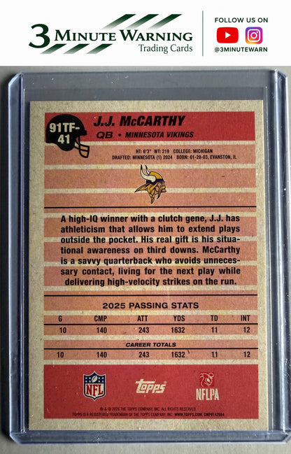 2026 Topps Flagship #91TF-41 J.J. McCarthy 1991 Topps Football Crackle