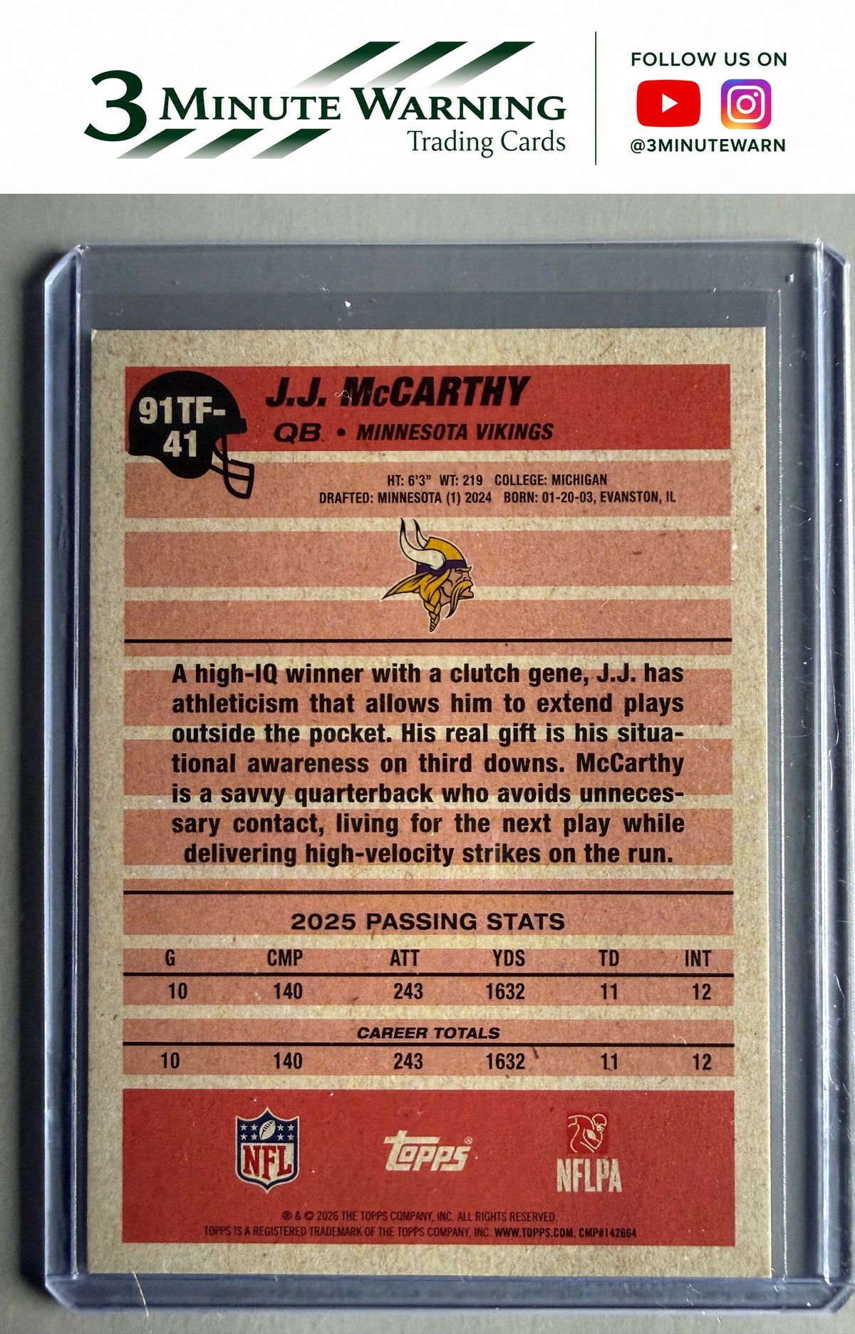 2026 Topps Flagship #91TF-41 J.J. McCarthy 1991 Topps Football