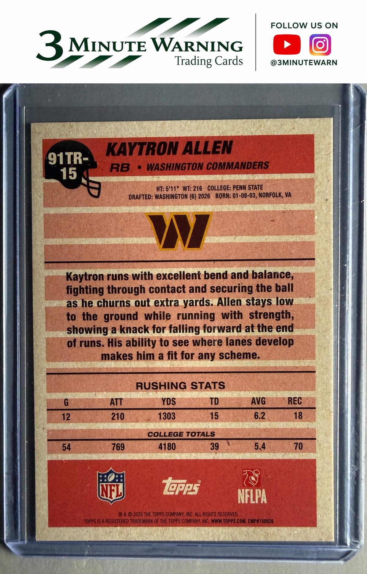 2026 Topps Flagship #91TR-15 Kaytron Allen 1991 Topps Football Rookies