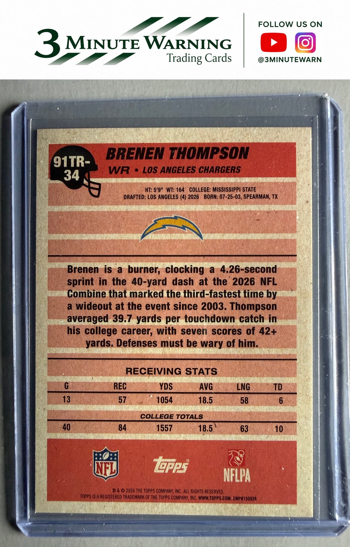 2026 Topps Flagship #91TR-34 Brenen Thompson 1991 Topps Football Rookies