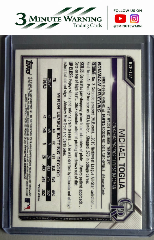2021 Bowman #BCP-137 Michael Toglia Chrome Prospects