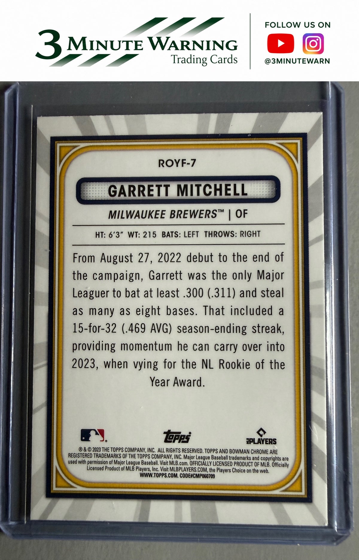 2023 Bowman #ROYF-7 Garrett Mitchell Rookie of the Year Favorites