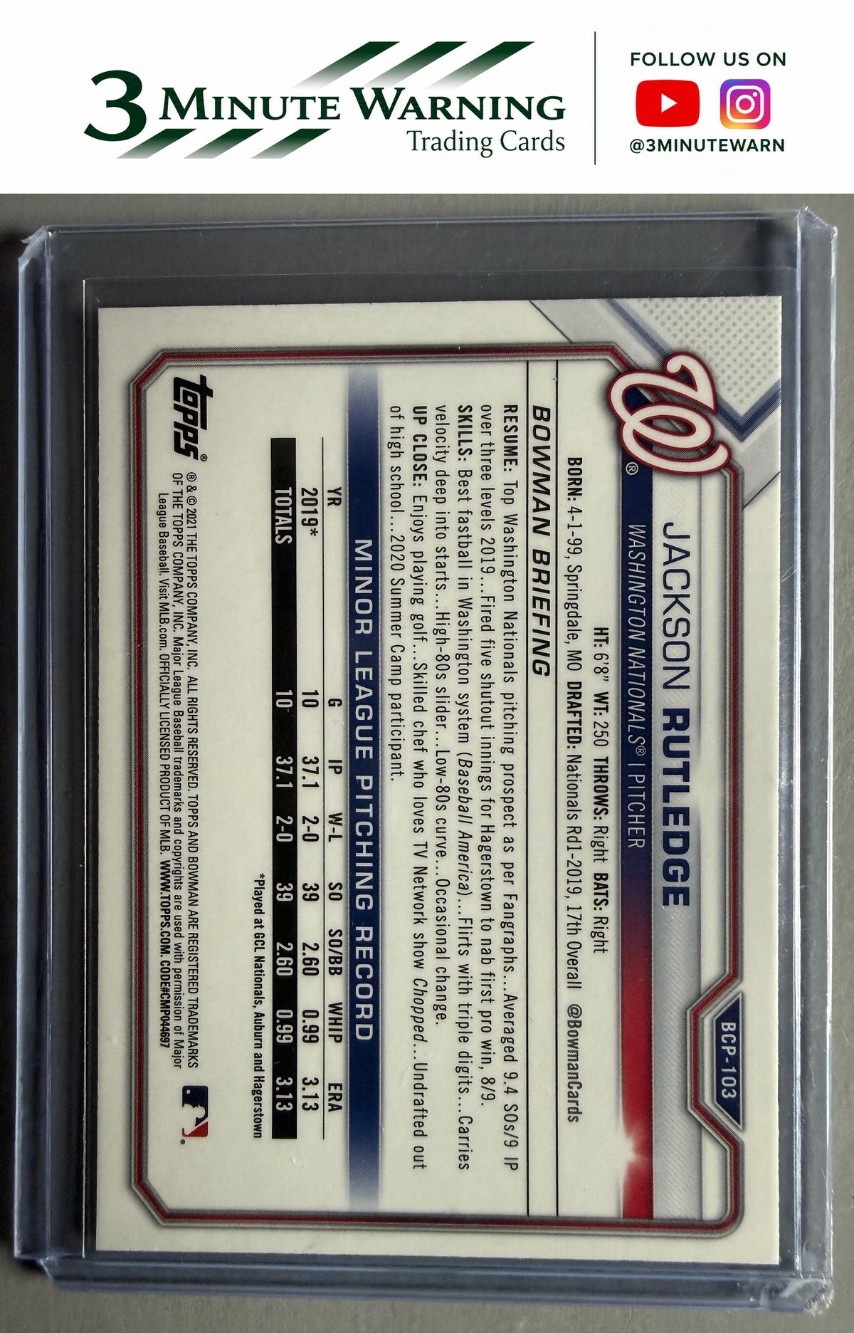2021 Bowman #BCP-103 Jackson Rutledge Chrome Prospects Mojo Refractor