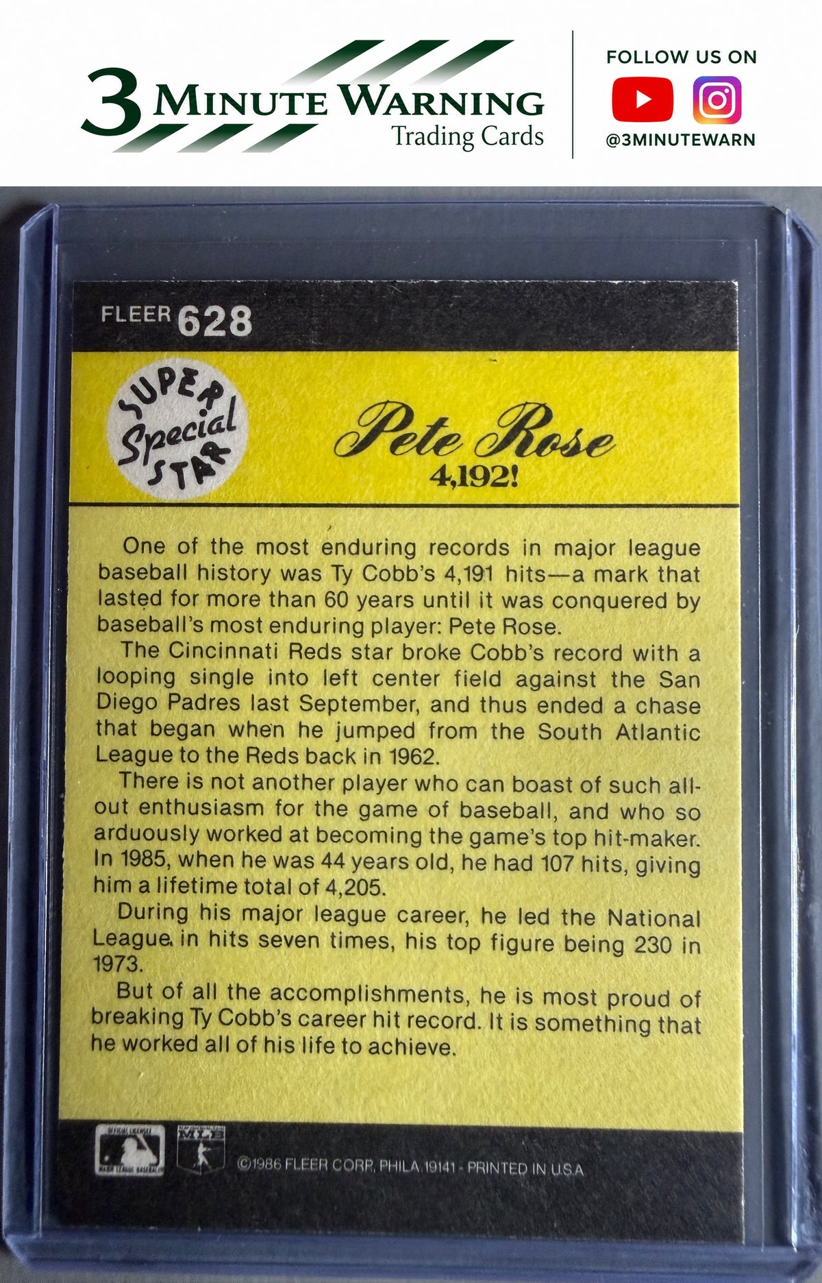 1986 Fleer #628 Pete Rose: 4192!