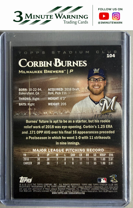 2019 Stadium Club #104 Corbin Burnes