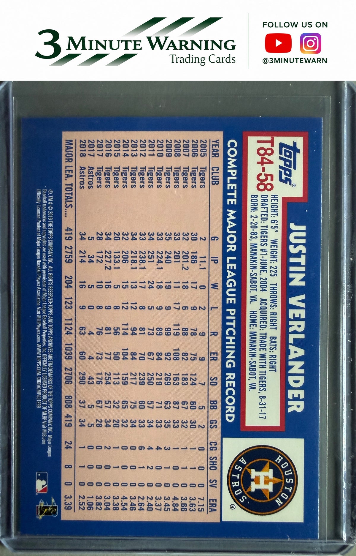 2019 Topps #T84-58 Justin Verlander 1984 Topps Baseball 35th Anniversary