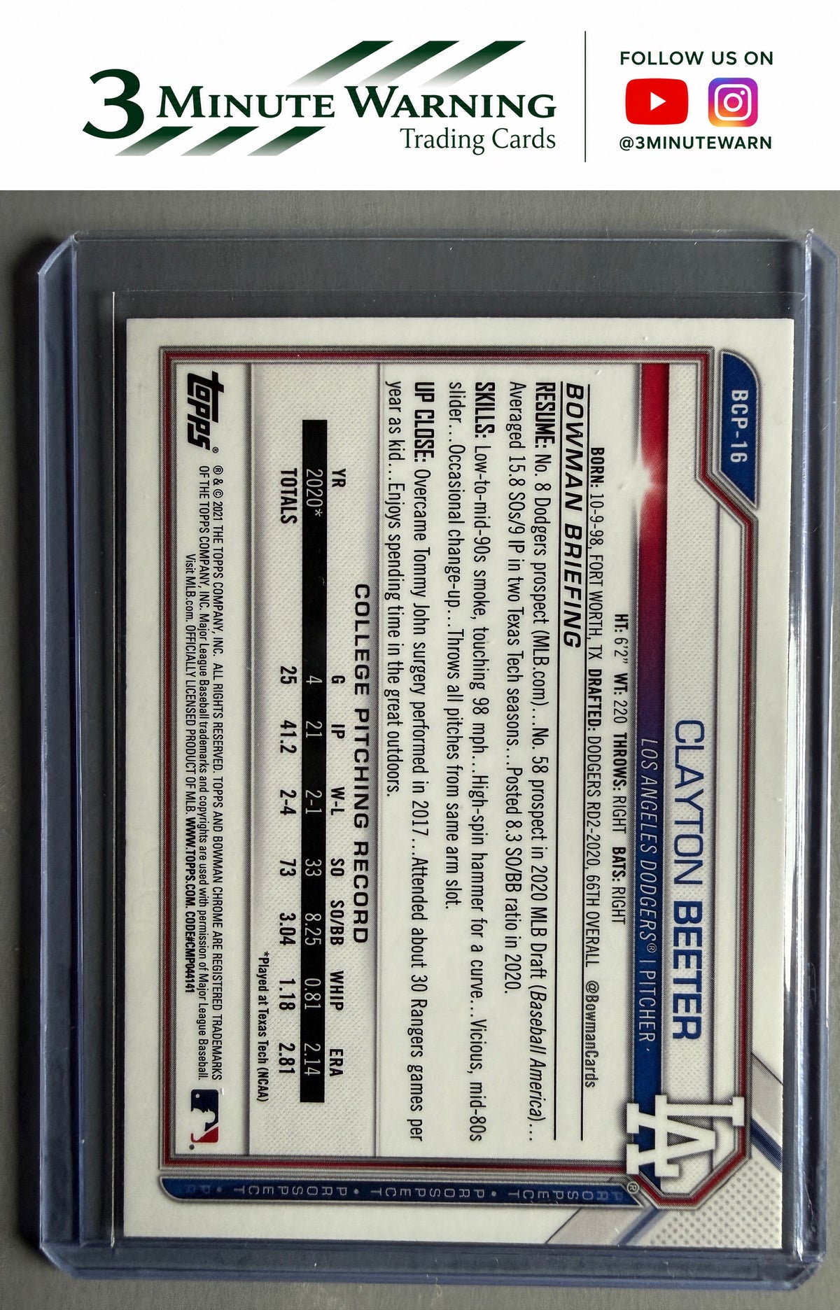2021 Bowman #BCP-16 Clayton Beeter Chrome Prospects
