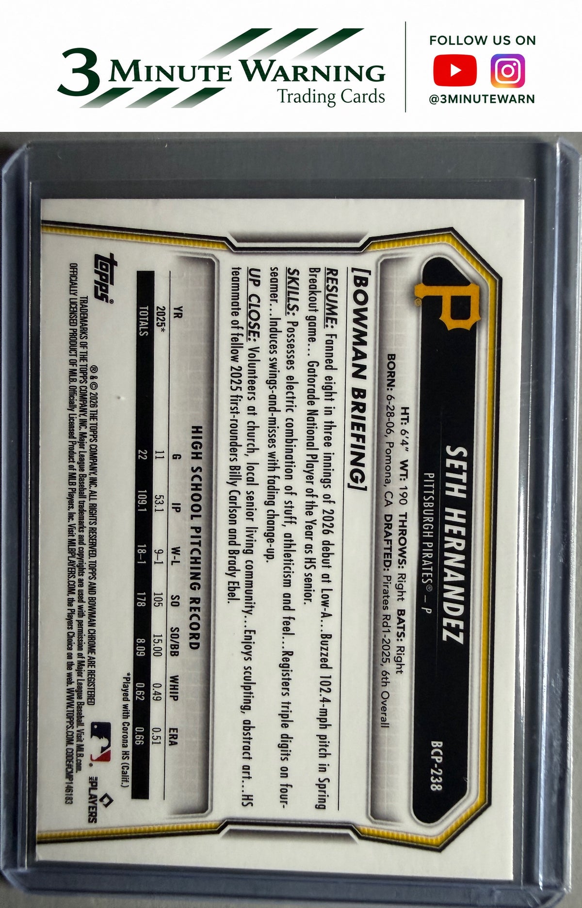 2026 Bowman Chrome #BCP-238 Seth Hernandez Prospects Mojo