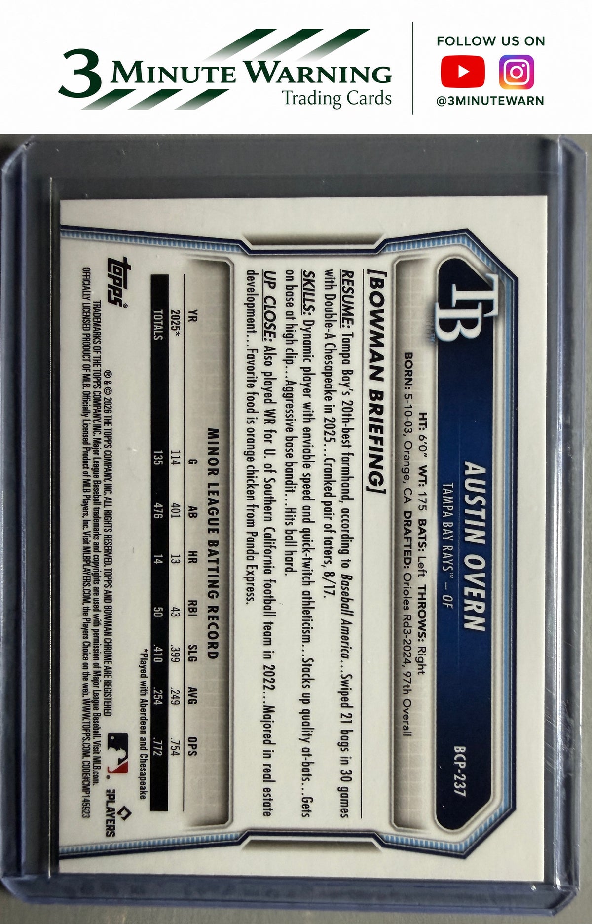 2026 Bowman Chrome #BCP-237 Austin Overn Prospects
