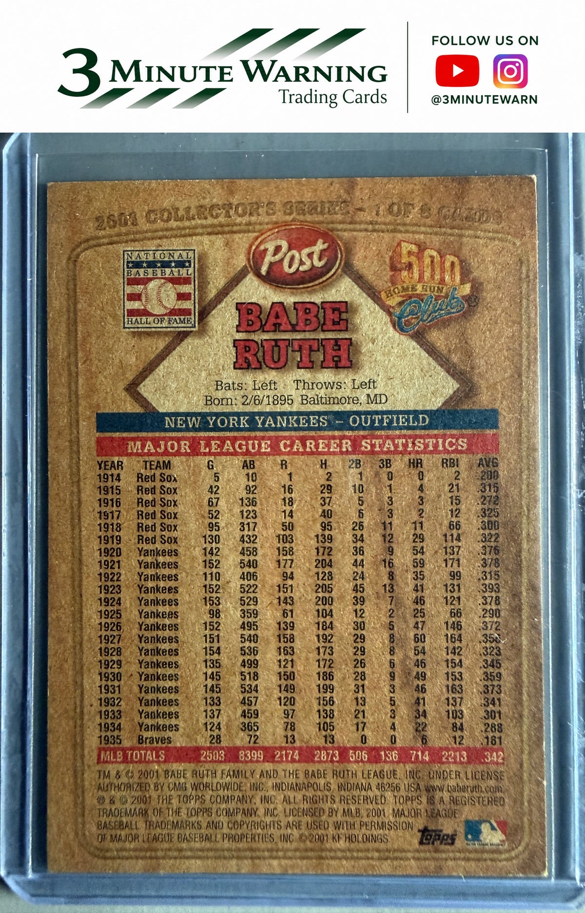 2001 Topps Post Cereal 500 Home Run Club #1 Babe Ruth