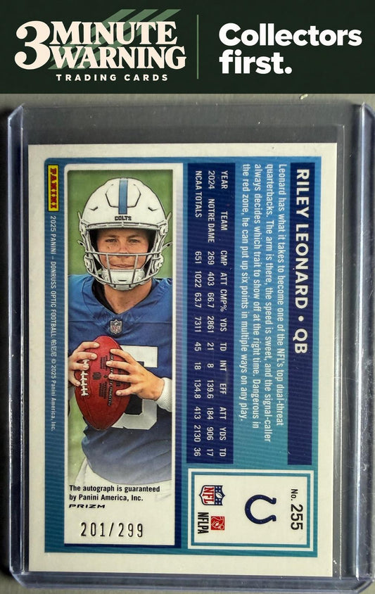2025 Donruss Optic #255 Riley Leonard RPS Autographs Neon Blue #/299