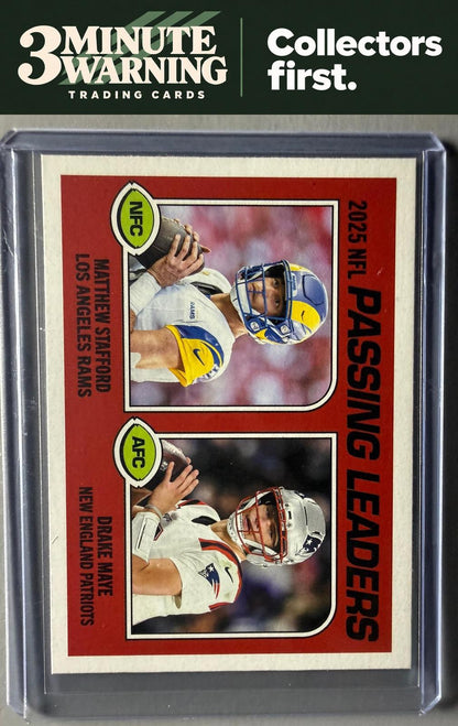 2026 Topps Heritage #201 2025 Passing Leaders (Matthew Stafford / Drake Maye)