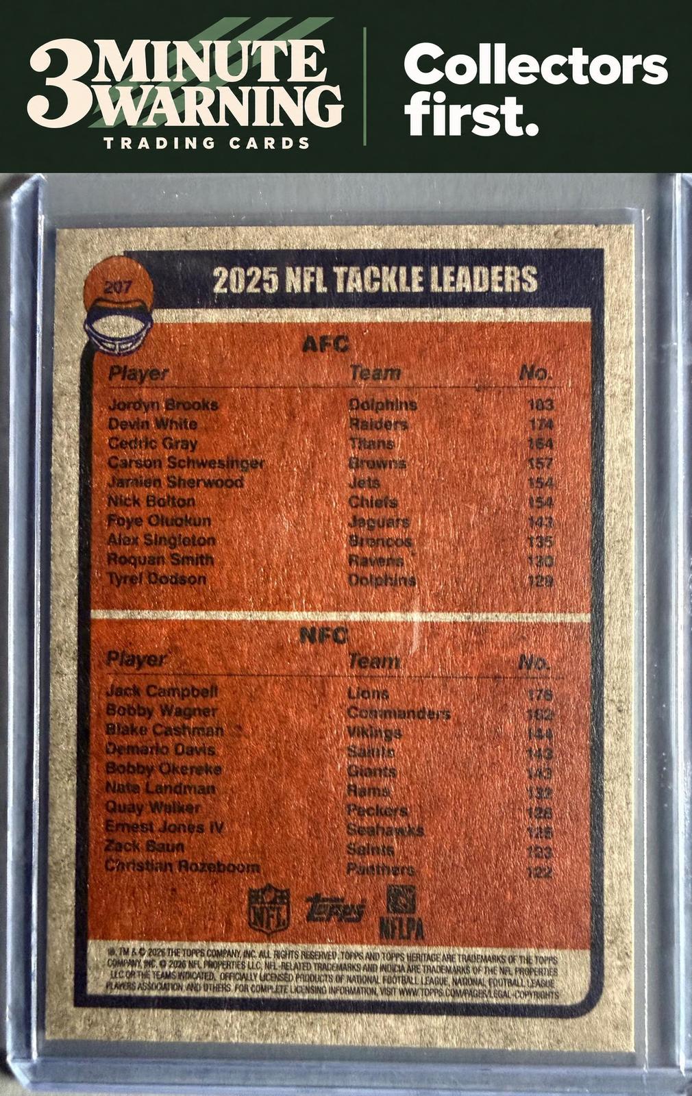 2026 Topps Heritage #207 2025 Tackle Leaders (Jack Campbell / Jordyn Brooks)