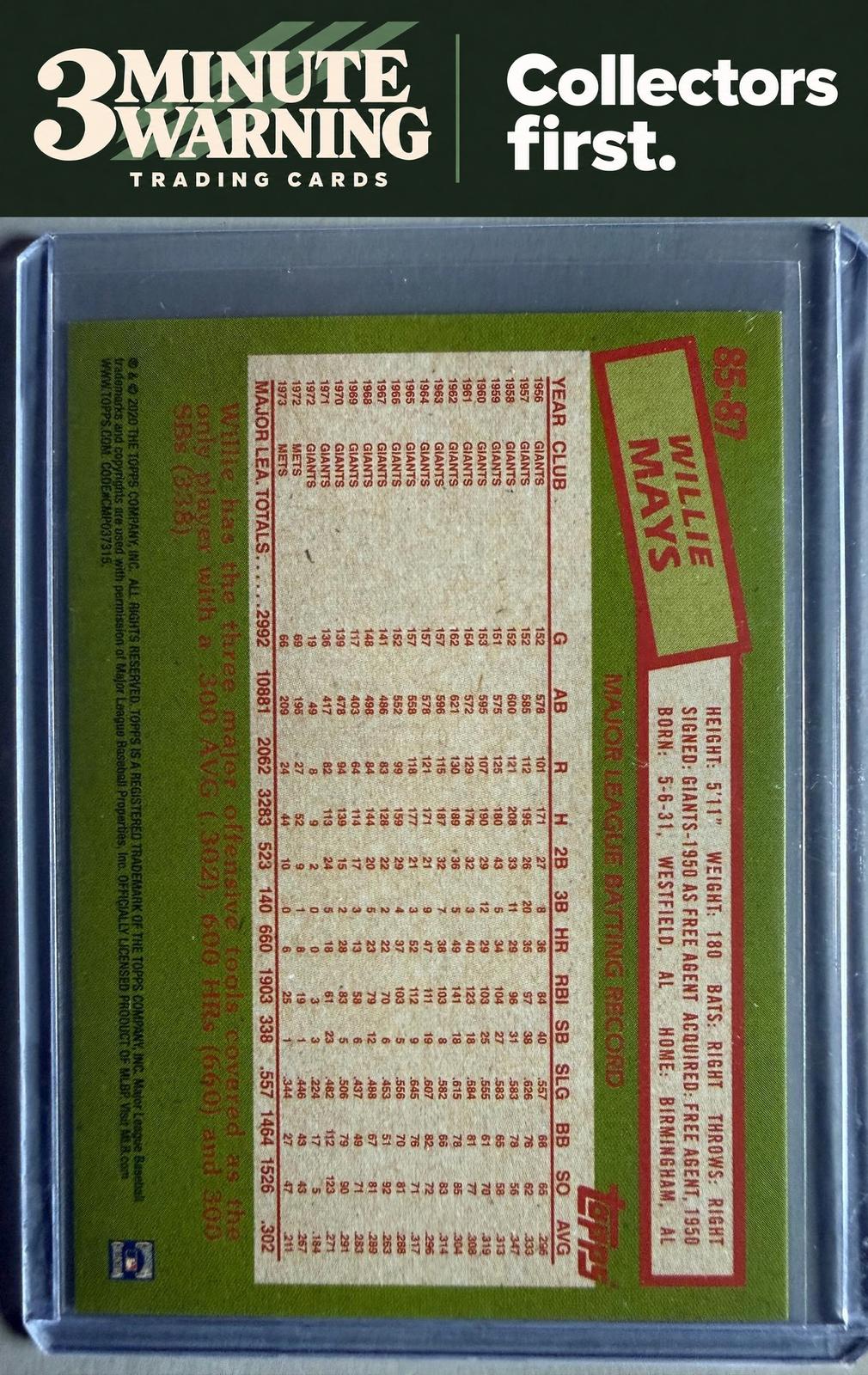 2020 Topps #85-87 Willie Mays 1985 Topps Baseball 35th Anniversary (Series One)