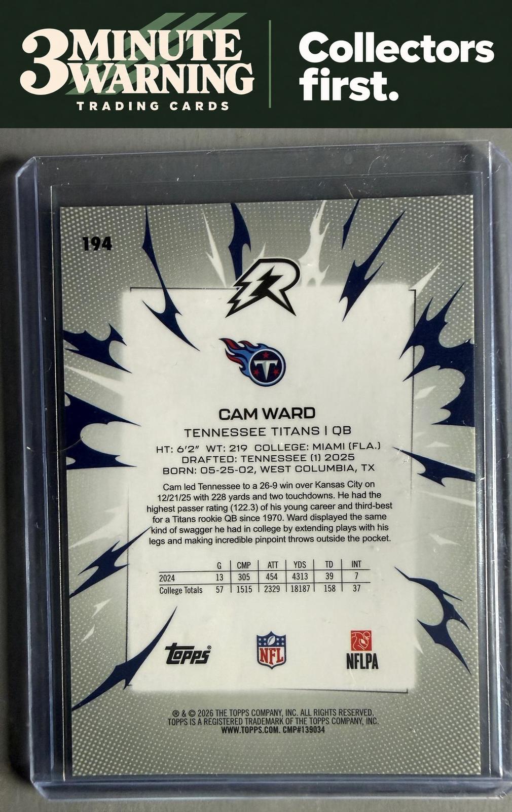 2025 Topps Resurgence #194 Cam Ward Surge Refractor #/425